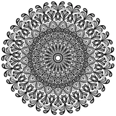Fototapete “Elegant black and white mandala design featuring intricate floral and paisley-inspired patterns. The symmetrical artwork radiates a sense of balance and harmony, making it ideal for coloring books, t © Phurit