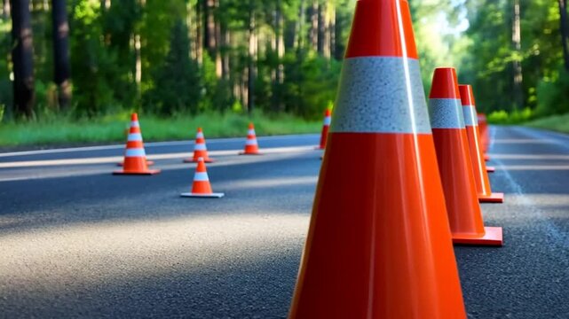 Bright orange traffic cones are arranged along a paved road surrounded by dense trees, signaling construction or maintenance work in the area during daytime