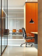 Sleek and Modern Office with Glass Walls and Orange Accent Wall Under Pendant Lighting : Generative AI