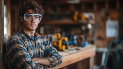 Obraz premium Young male carpenter at workbench with tools in a workshop setting