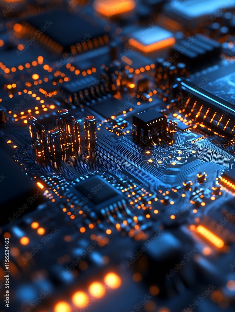 Poster macro shot of electronic circuit board with glowing detail in blue and orange hues : generative ai