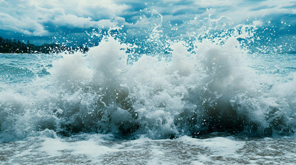 Fototapeta premium Dramatic ocean wave crashing on shore, creating a stunning spray of white water against a blue sky with dark clouds.