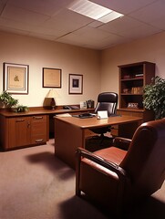 Fototapeta premium Cozy traditional executive office with classic wooden furniture and carpet flooring : Generative AI