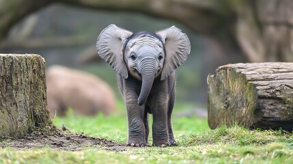 Obraz premium Curious baby elephant standing on grass amidst large tree trunks in open savannah : Generative AI