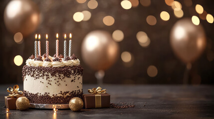 blurred mocha background with ballon and birthday present box and mocha colour cake