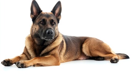 Obraz premium Majestic German Shepherd with erect ears and attentive eyes lying on white background : Generative AI