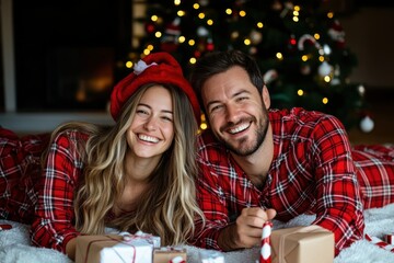 A joyful couple enjoys the festive season while lying under a beautiful Christmas tree, adorned with decorations and presents, wearing cozy plaid outfits and Santa hats.
