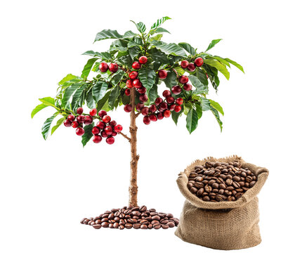 Coffee tree and coffee bean isolated on transparent background 