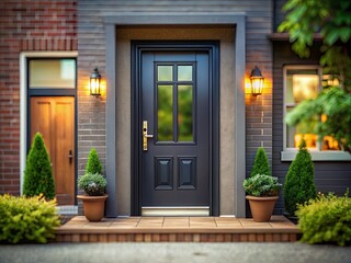 Modern Dark Grey Fiberglass Entry Door, Tilt-Shift Photography, Architectural Detail, Minimalist Home Exterior, Silhouette