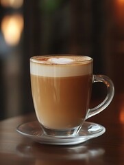 Warm frothy latte in clear glass on wooden table in cozy cafe setting : Generative AI