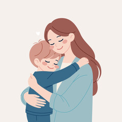 Heartwarming Illustration of a Mother and Son Sharing a Loving Moment in a Hug