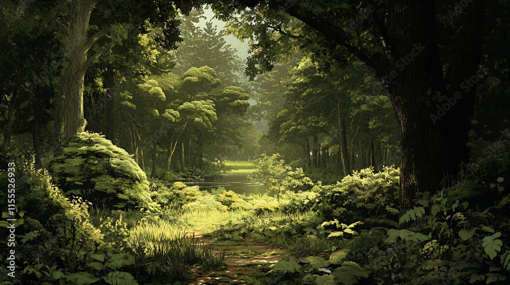 Poster lush green forest clearing with tranquil pond surrounded by trees bathed in sunlight : generative ai