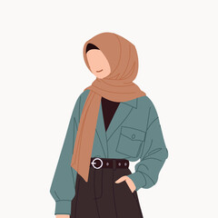 A Stylish and Elegant Illustration of a Faceless Hijabi Girl in Modern Casual Chic Attire