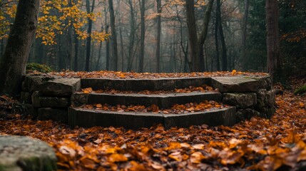 Ancient-looking stone podium surrounded by fallen leaves in a forest 