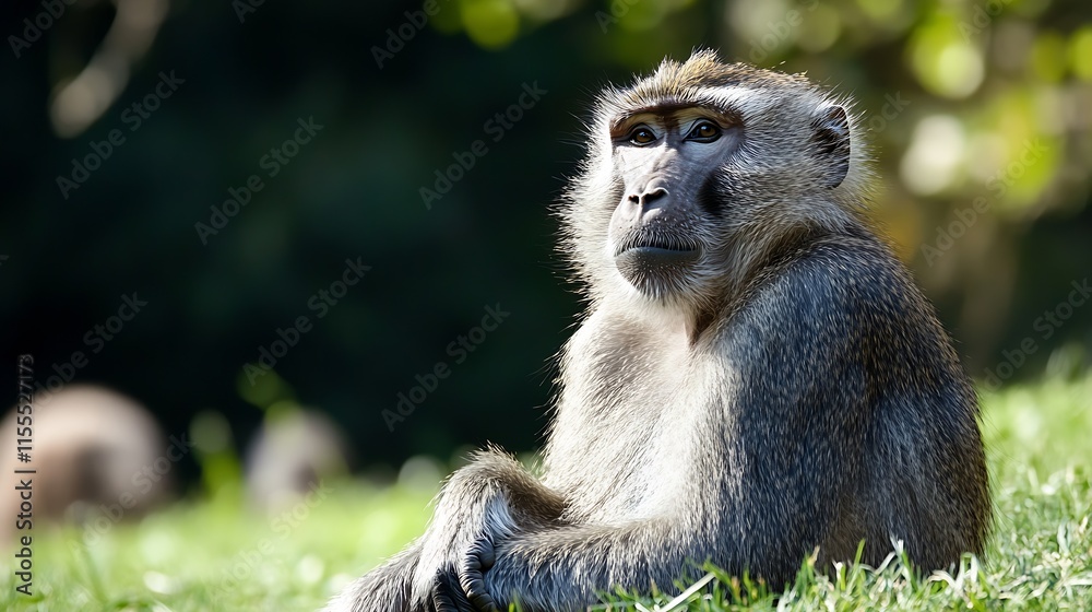 Poster observant baboon relaxing on a grassy field in afternoon sun : generative ai