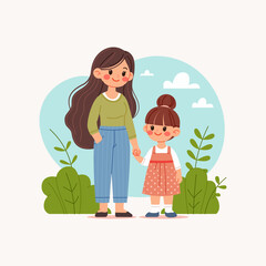 Simple Stylized Cartoon Illustration of Happy Expressions Mother Holding Hands With Daughter Surrounded By Outdoor Scenery