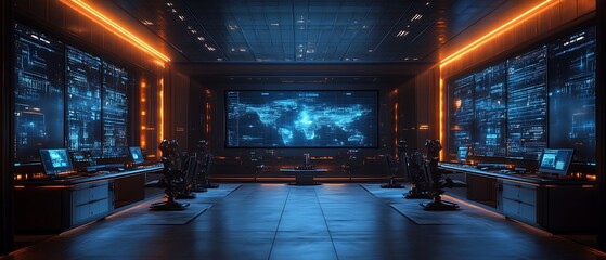 Futuristic control room with world map display.