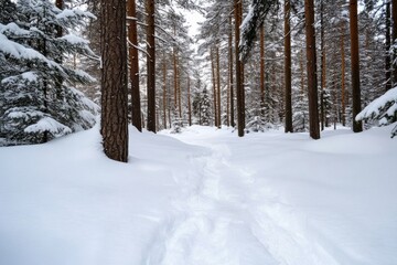 Obraz premium A picturesque view of snow-covered trails winding through a quiet forest, inviting travelers to discover the beauty and stillness of nature during winter's embrace.