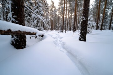 A pristine snowy path leads through a dense pine forest, capturing the serene beauty of winter and the peacefulness of nature untouched by humans.