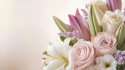 Abstract and creative background.  A soft and elegant Mother's Day banner featuring a beautiful floral bouquet of roses