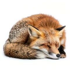 Fototapeta premium Red fox lying down with its tail wrapped around its body, sleeping peacefully on a white background