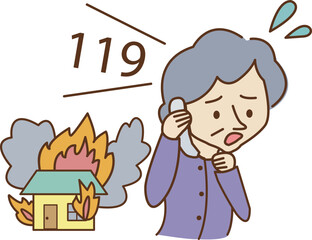 火事　119番通報する高齢女性のイラスト