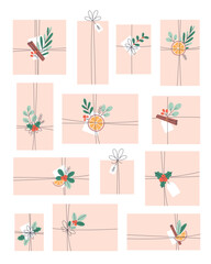 Gift boxes with Christmas floral decorations, cinnamon, orange. Christmas presents. Vector illustration in flat style
