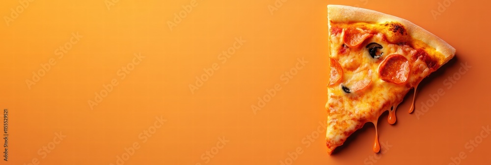 Aufkleber delicious pizza slice with stylized toppings and cheese drips on a vibrant orange background with am