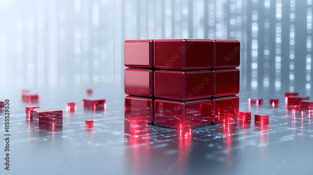 Aufkleber 3D red cube structure on a digital background with glowing elements