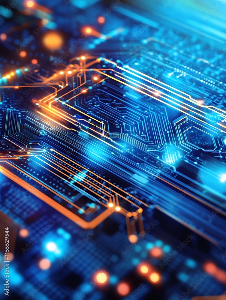 Poster Futuristic Circuit Board with Glowing Lines and Microchip Technology Design : Generative AI
