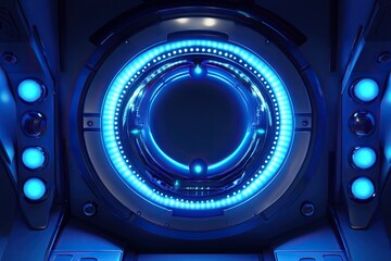 Fototapeta premium Futuristic 3D metallic blue podium with vibrant blue spotlights, ideal for concept technology, displays,