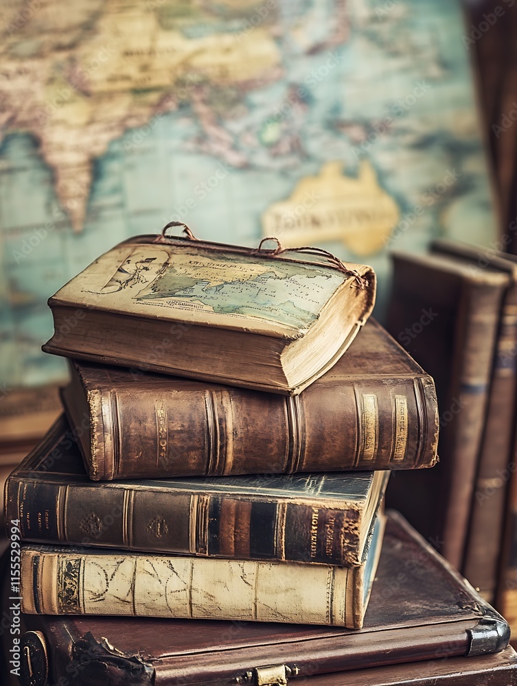Poster antique books stack with world map background inspiring literary travels and exploration : generativ
