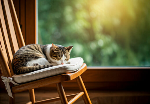 cat sleeping on a chair by the window