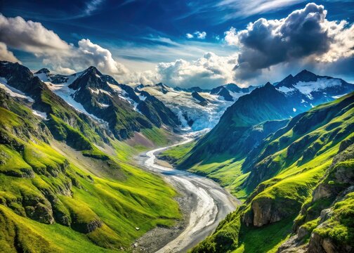 Pitztal Glacier Austria Valley Panorama - Stunning Alpine Scenery, Mountain View, Hiking Trail, Summer Landscape