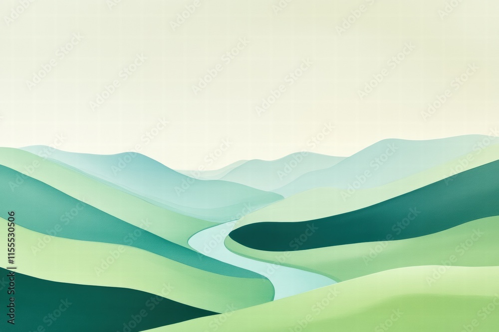 Poster Winding river flows through a serene mountain range with minimalist design and ample space for text. Generative AI