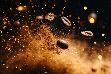 Dynamic coffee bean explosion coffee roastery photography dark background close-up view flavor and aroma concept