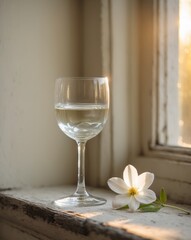 A glass of water with a small white flower next to it on a windowsill with sunlight streaming in