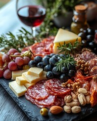 Assorted Gourmet Charcuterie Board with Meats, Cheeses, Fresh Fruits, and Red Wine Perfect for Entertaining or a Casual Gathering in a Cozy Setting