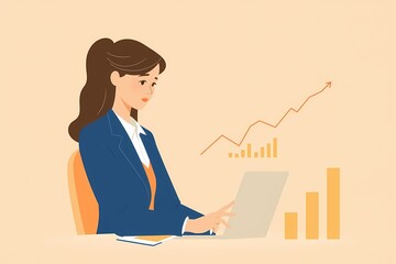 Businesswoman Leading the Charge: A determined businesswoman analyzes data on her laptop, with a rising graph indicating her success. This vector illustration embodies ambition, focus.