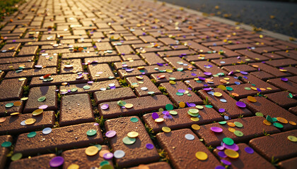 Colorful confetti scattered on brick pavement in sunlight