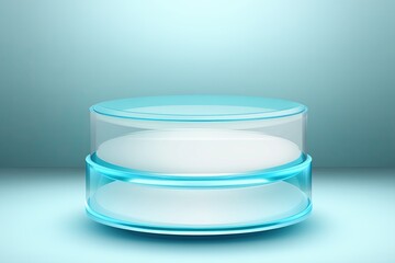 Modern white and blue cylindrical podium with neon shiny and clear glass rings. Abstract vector rendering of 3d shape.