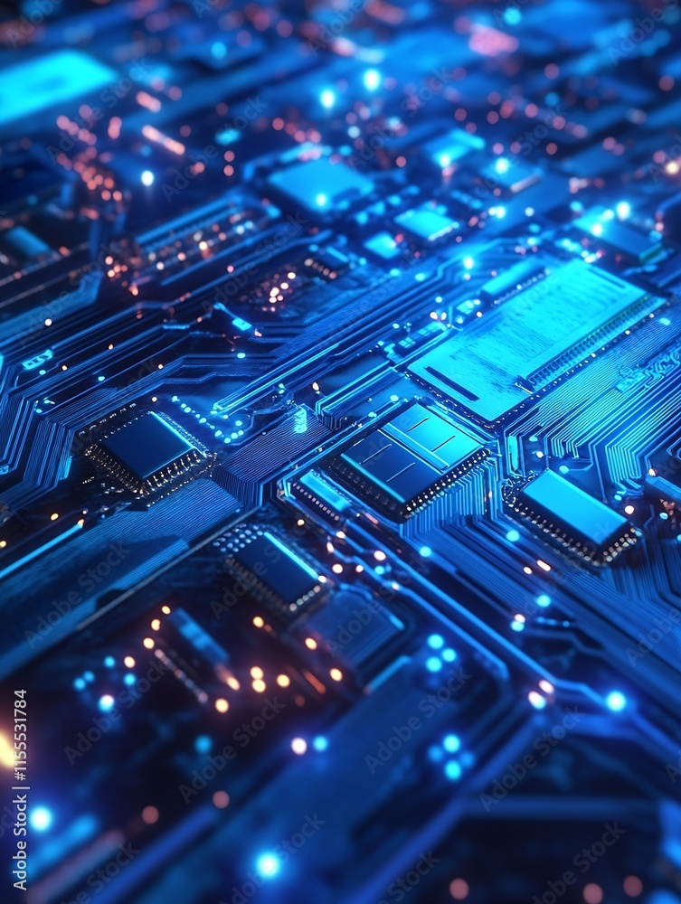 Aufkleber detailed technology surface with illuminated electronic circuits in blue and neon colors for digital
