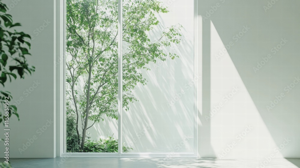 Poster bright sunlight filtering through a spacious window showcasing a lush garden view in a serene indoor