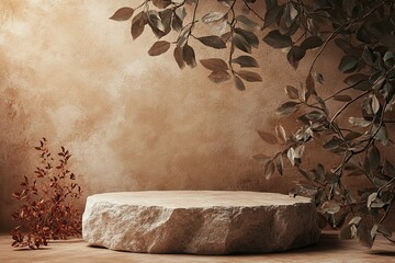 Podium for displaying stone products with nature leaves on a brown background.
