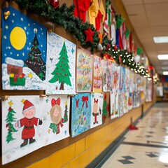 Fototapeta premium Christmas art display by students school hallway creative illustrations festive environment indoor viewpoint holiday spirit