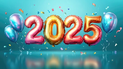 A vibrant image displays the year "2025" in colorful balloon letters, flanked by two blue balloons. Confetti and a reflective surface add festive touches.