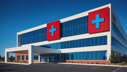 modern hospital building with red and blue colors, a medical cross on the wall