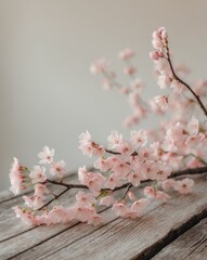 Pink Cherry Blossoms Frame Wooden Table Spring Scene