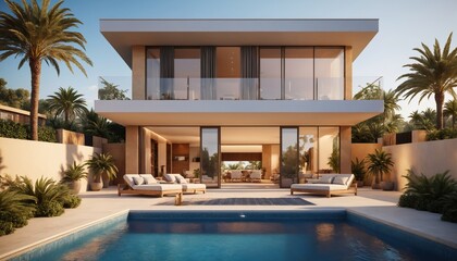 Fototapeta premium Modern villa with swimming pool and terrace, front view