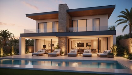 Fototapeta premium Modern villa with swimming pool and terrace, front view